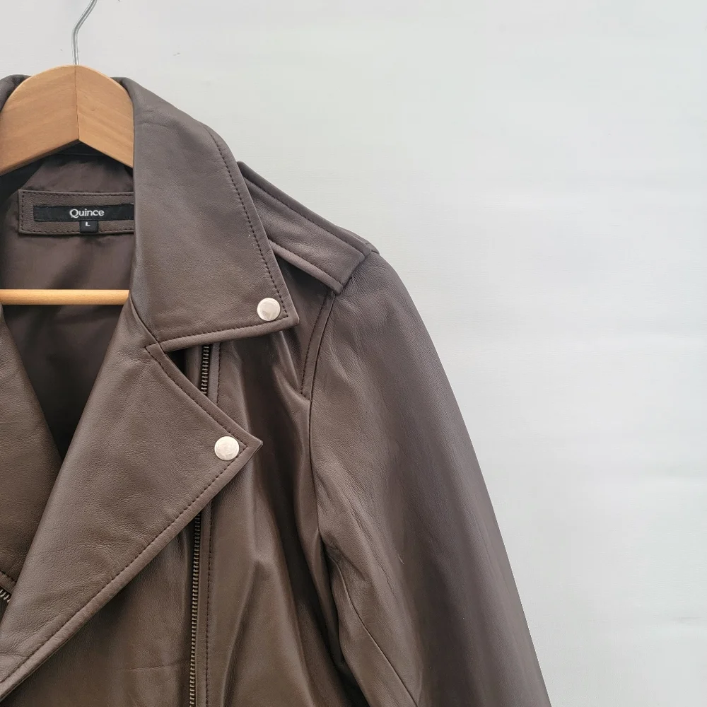 Quince Mocha Brown Leather Moto Biker Jacket Size Large Timeless Minimalist - Picture 7 of 16